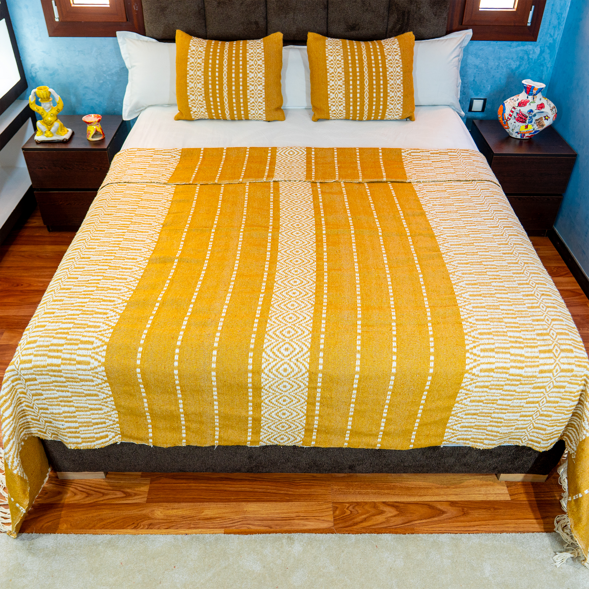 Bold Handwoven Bedspread – Mustard & Ivory