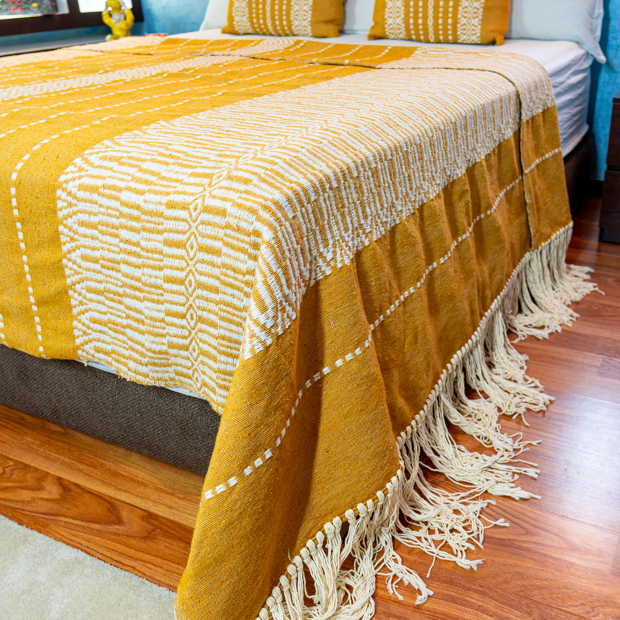 Bold Handwoven Bedspread – Mustard & Ivory