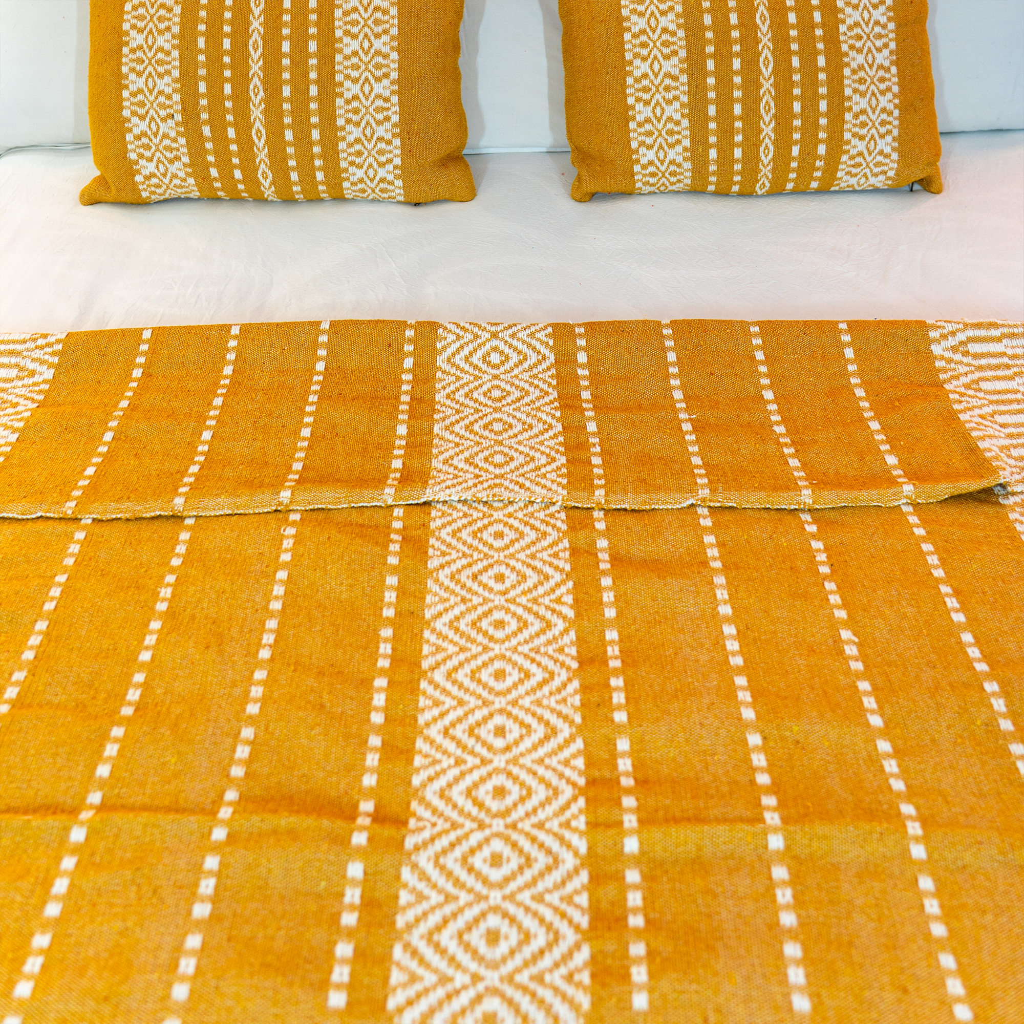 Bold Handwoven Bedspread – Mustard & Ivory