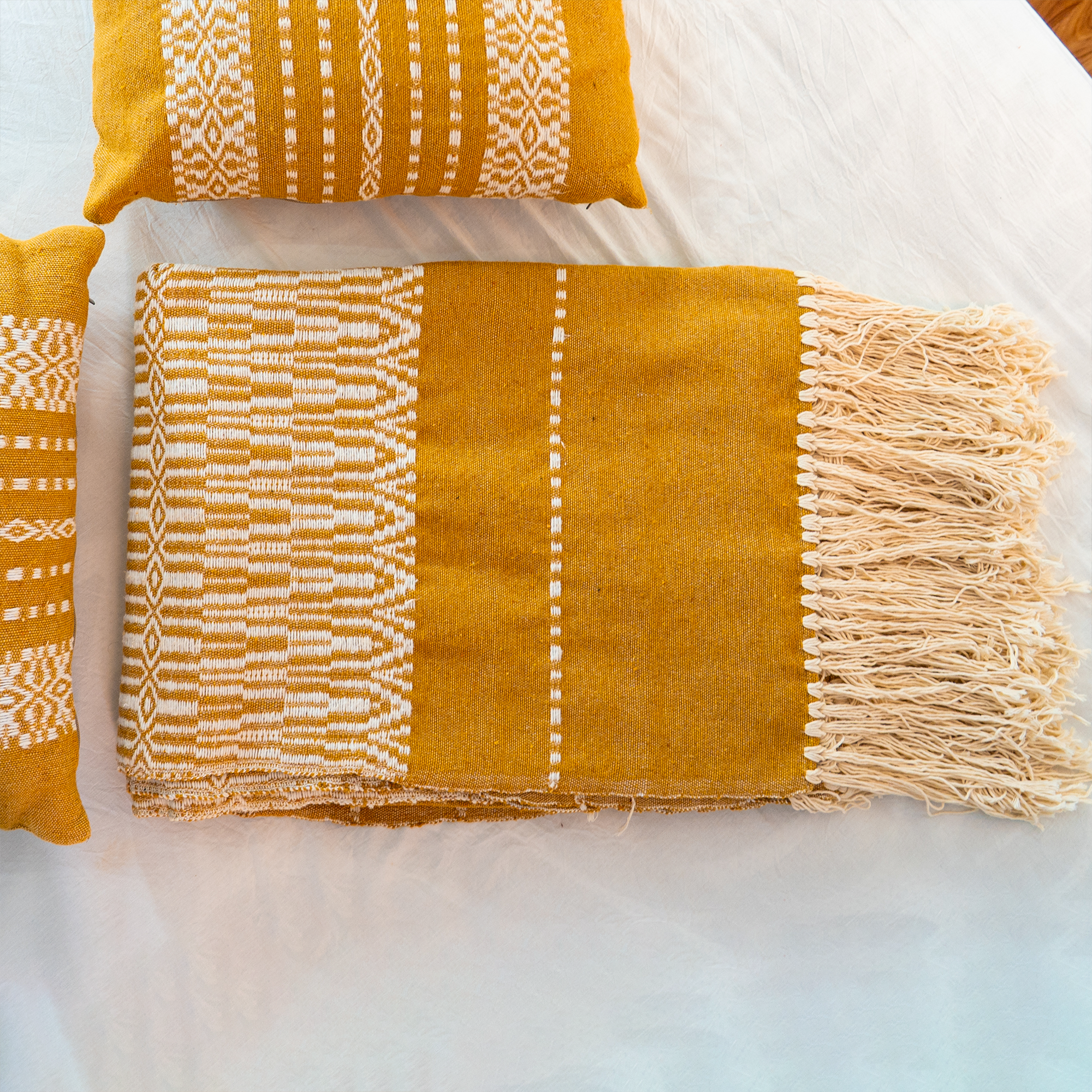 Bold Handwoven Bedspread – Mustard & Ivory