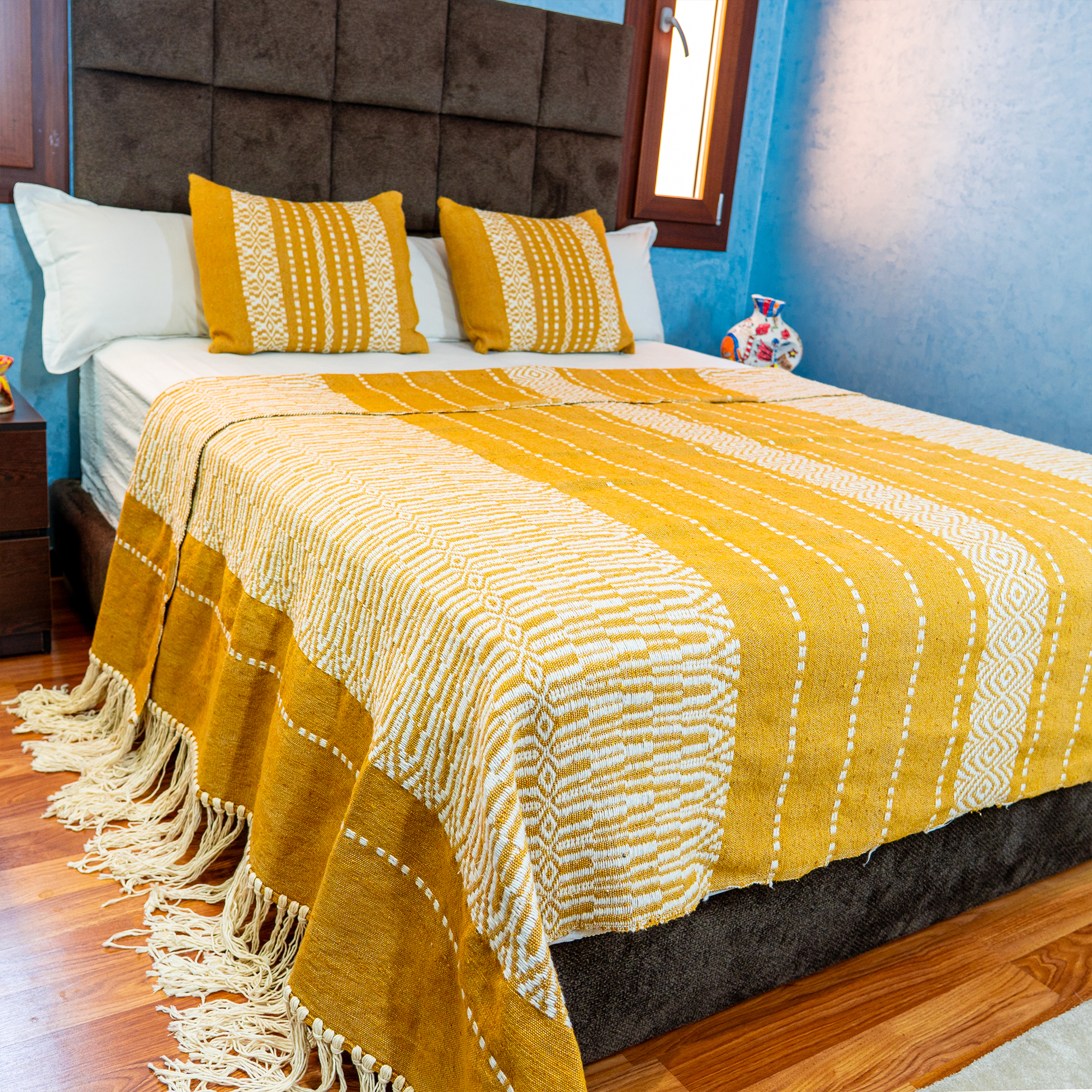 Bold Handwoven Bedspread – Mustard & Ivory