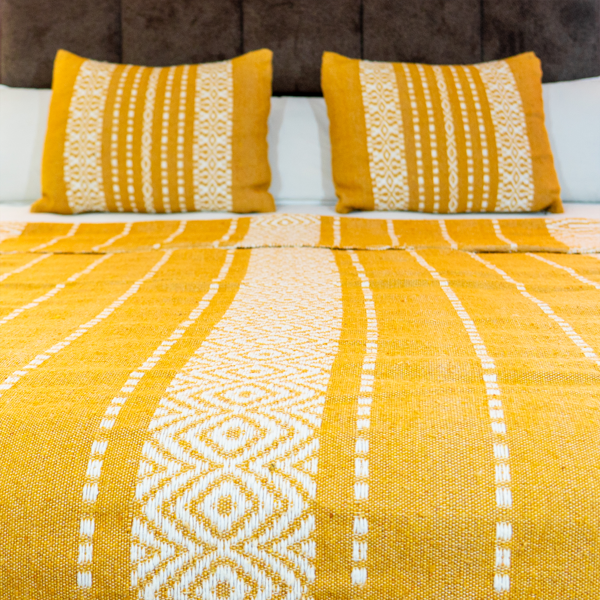 Bold Handwoven Bedspread – Mustard & Ivory