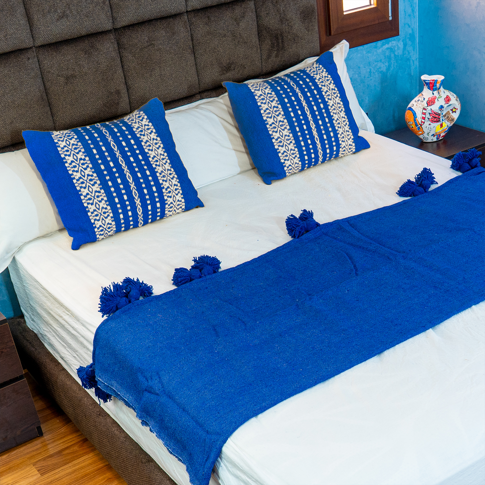 Royal Blue & Ivory Handwoven Cushion Cover