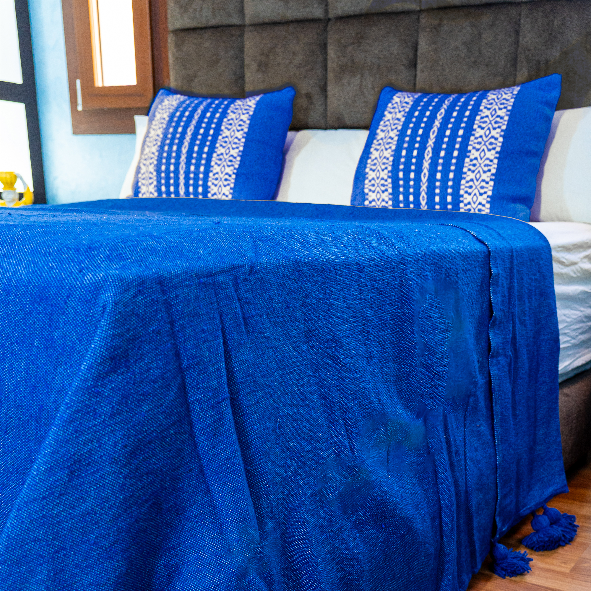 Royal Blue Handwoven Bedspread with Tassels