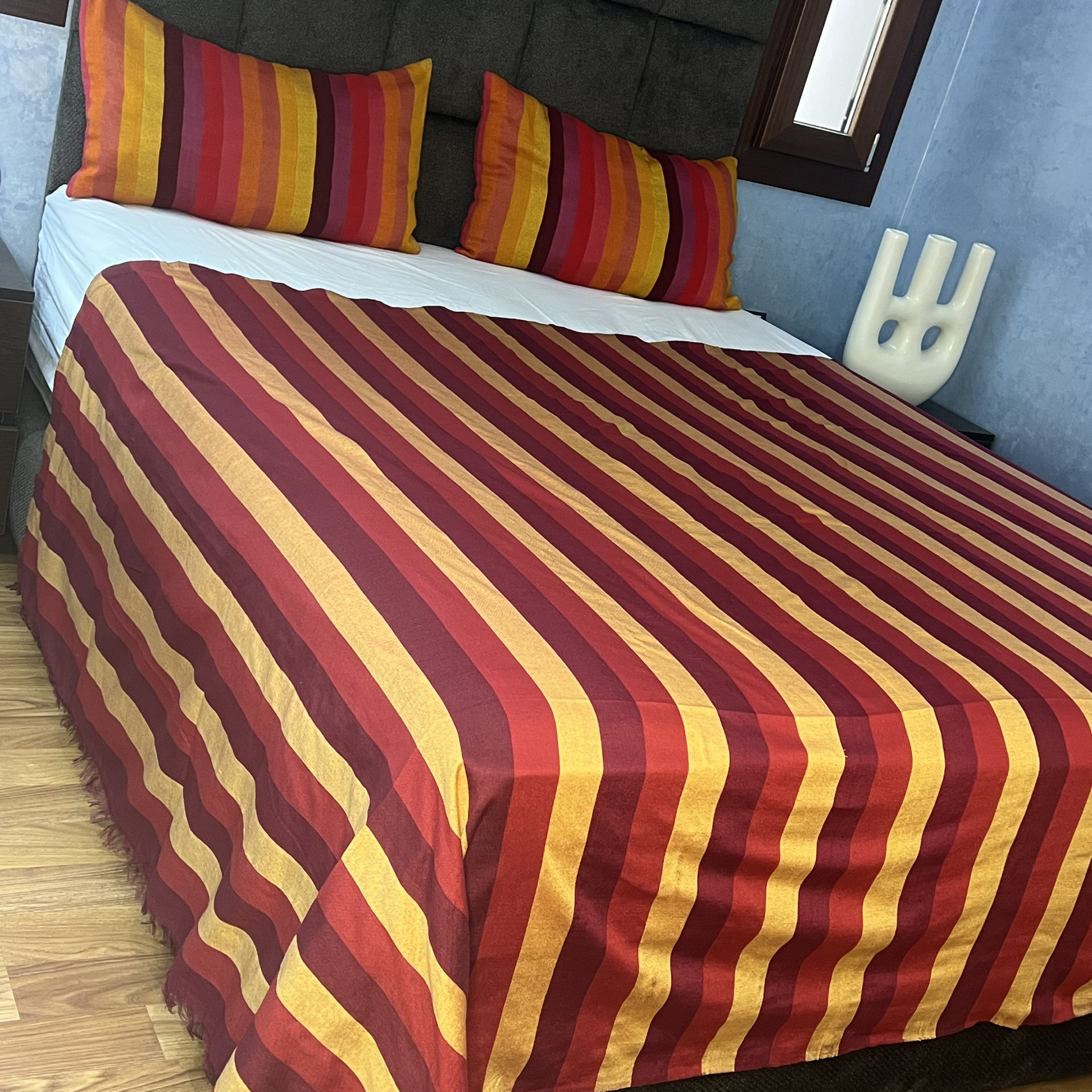 Handwoven Red & Gold Cotton Bedspread with Fringe