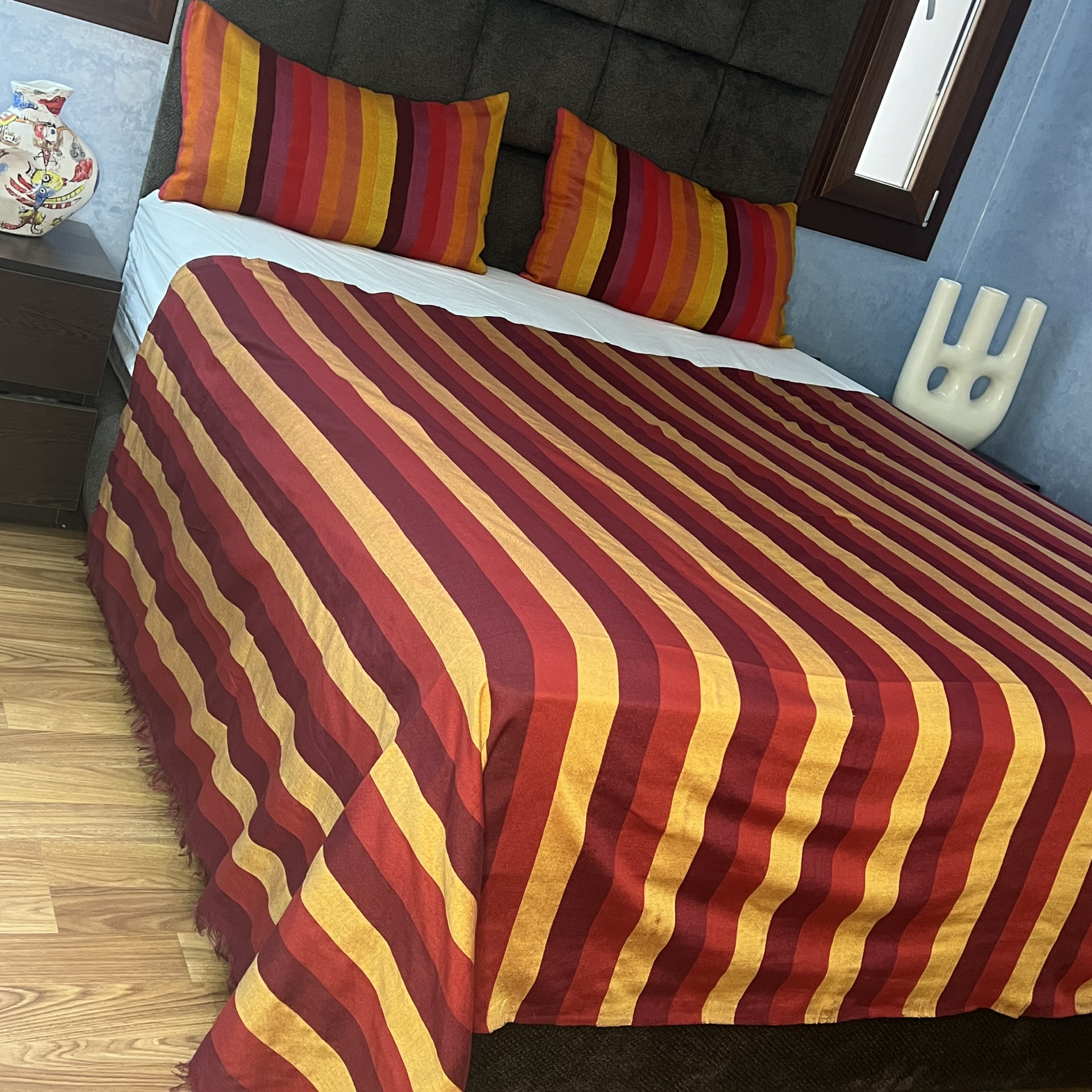 Handwoven Red & Gold Cotton Bedspread with Fringe