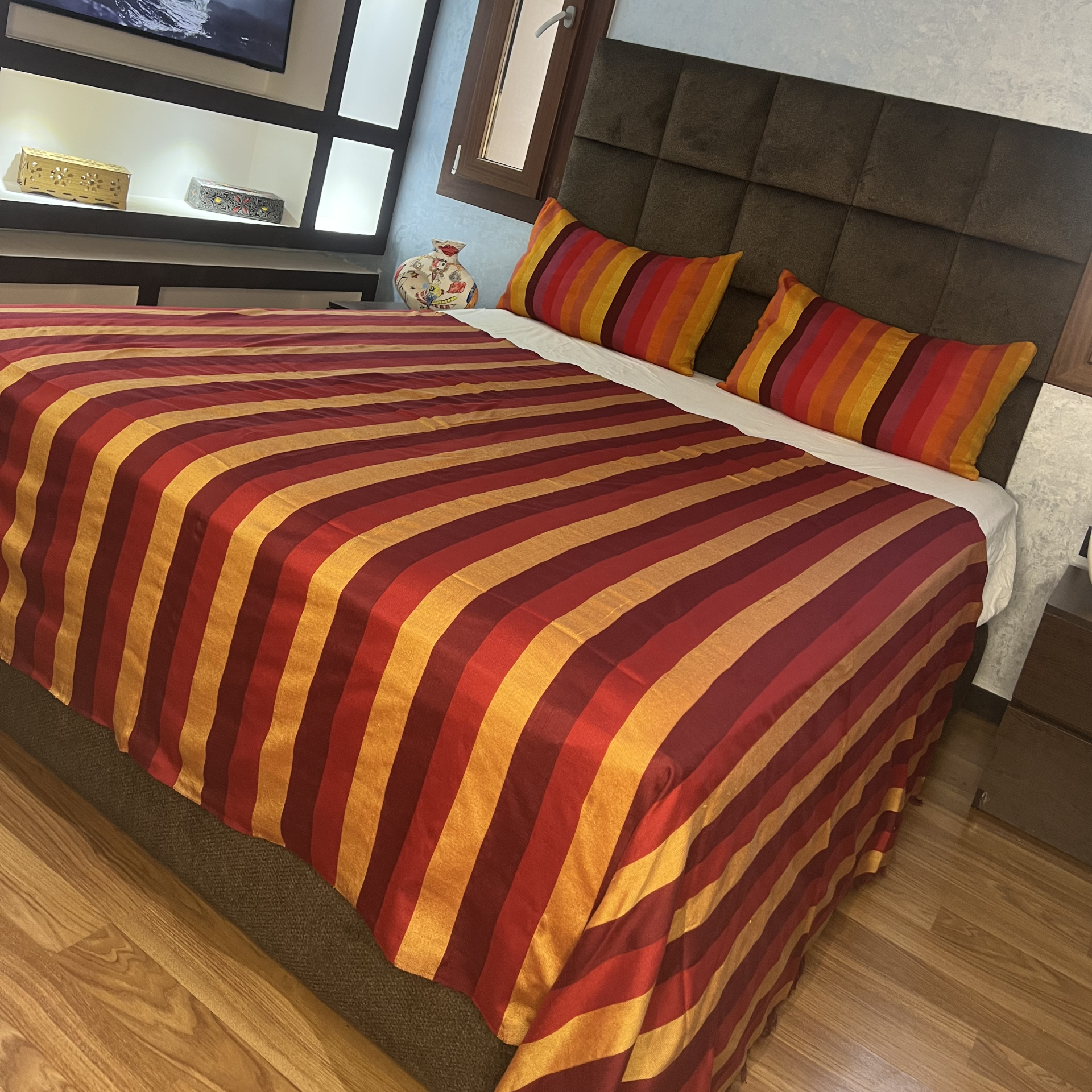 Handwoven Red & Gold Cotton Bedspread with Fringe