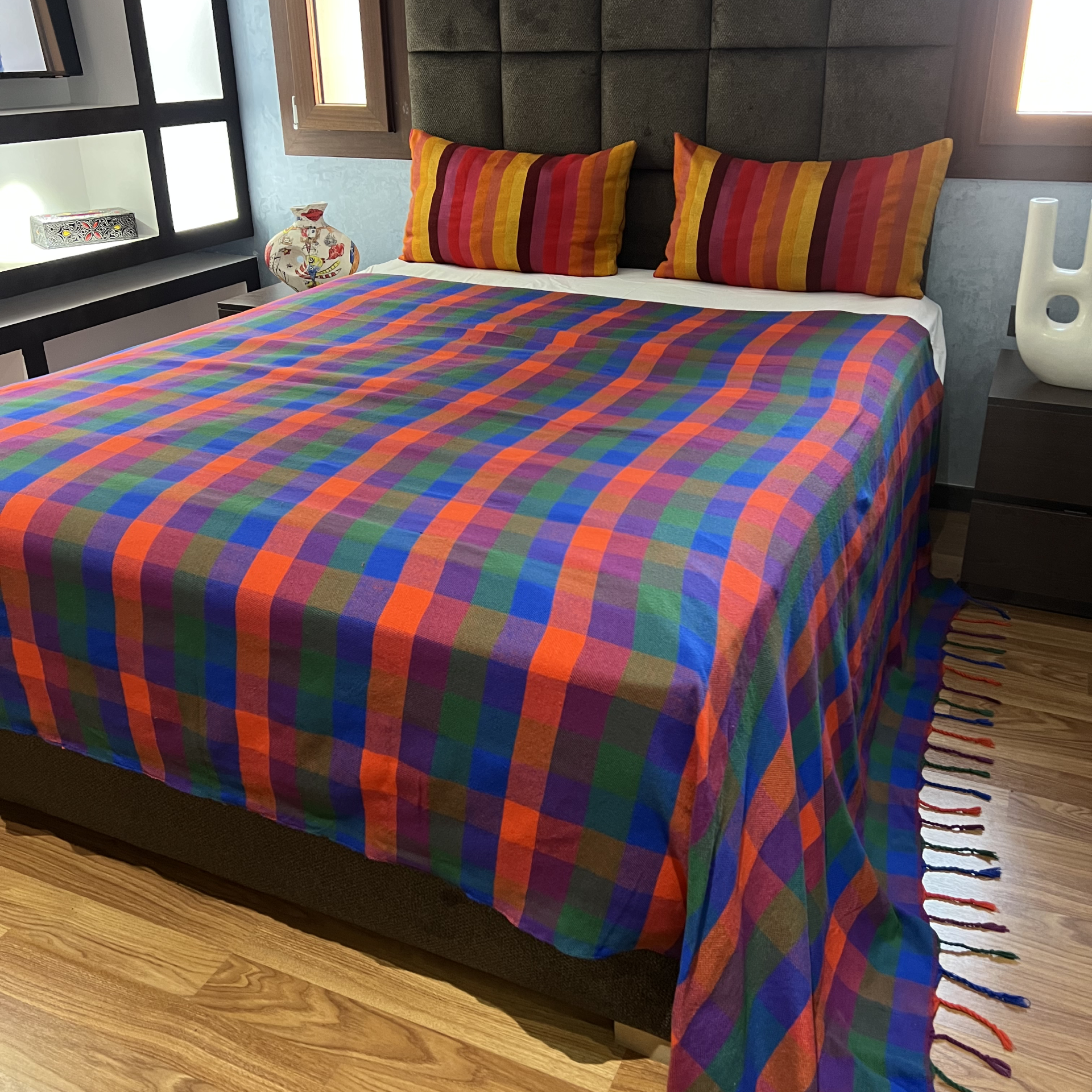 Ian Blanket — Multicolor Plaid Cotton with Tassels